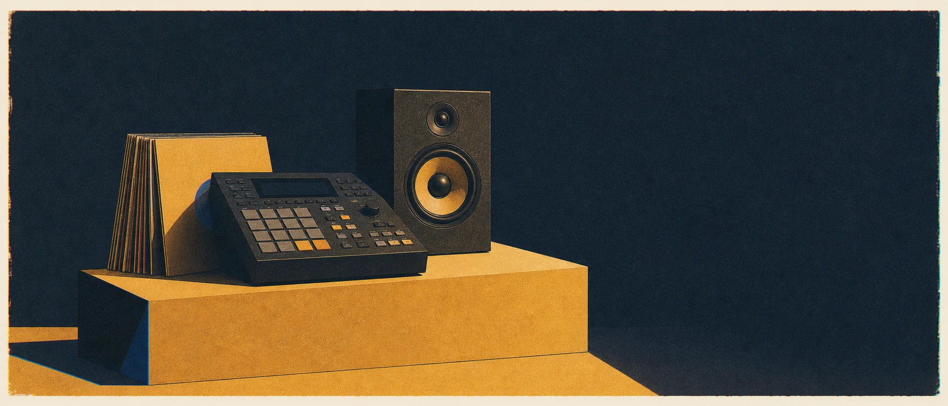 Drum sampler, vinyl records and studio monitor